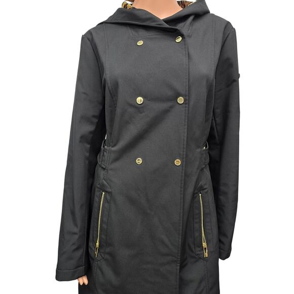 NWOT Via Spiga Hooded Trench Coat Raincoat Black Animal Print Faux Fur Lining M - Picture 3 of 16